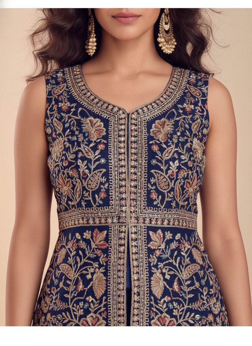Navy Embroidered Peplum Sharara Set - close-up of top and embroidery