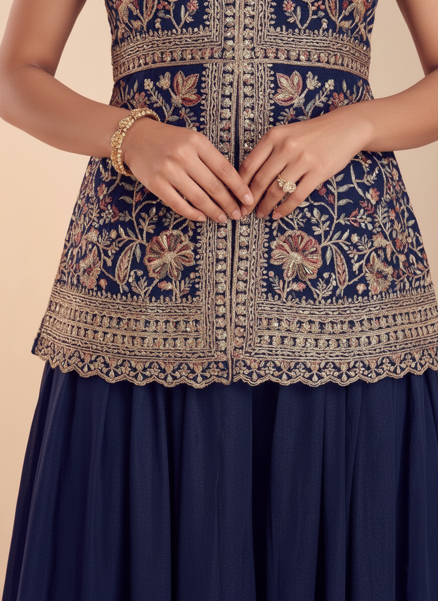 Navy Embroidered Peplum Sharara Set - close-up of bottom and hem
