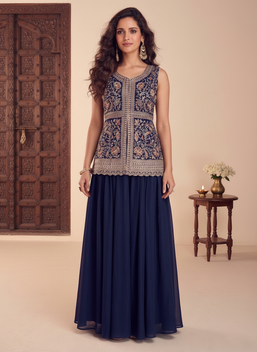 Navy Embroidered Peplum Sharara Set - lifestyle festive shot