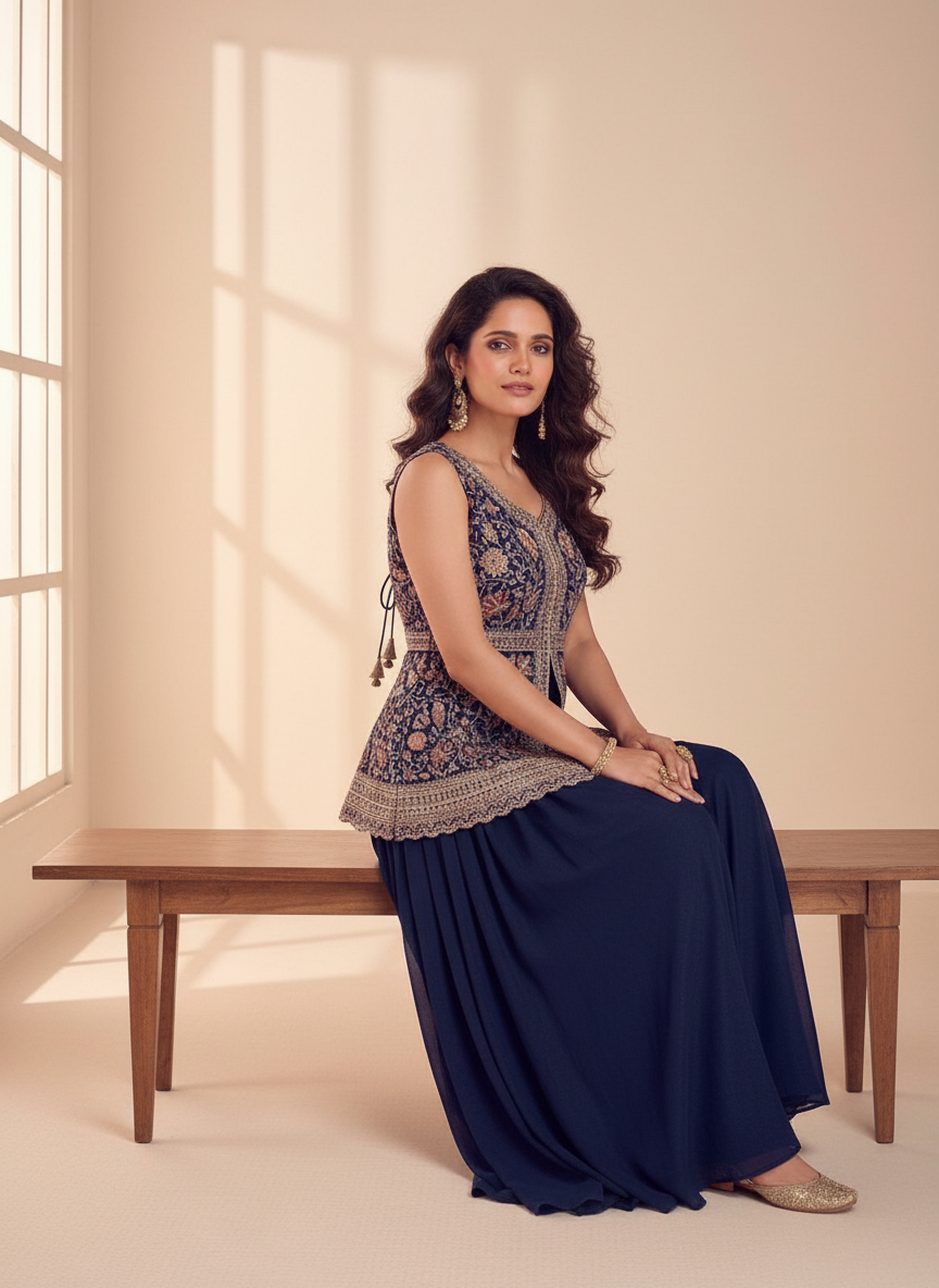 Navy Embroidered Peplum Sharara Set - lifestyle seated shot