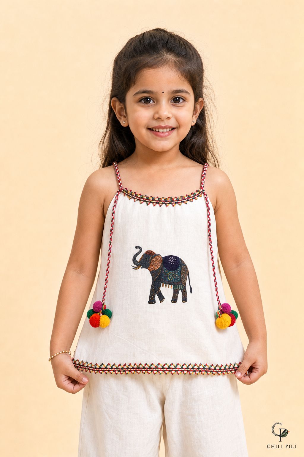 Girls Little Gaj Elephant Cotton Co-ord Set Offwhite - close-up detail of top