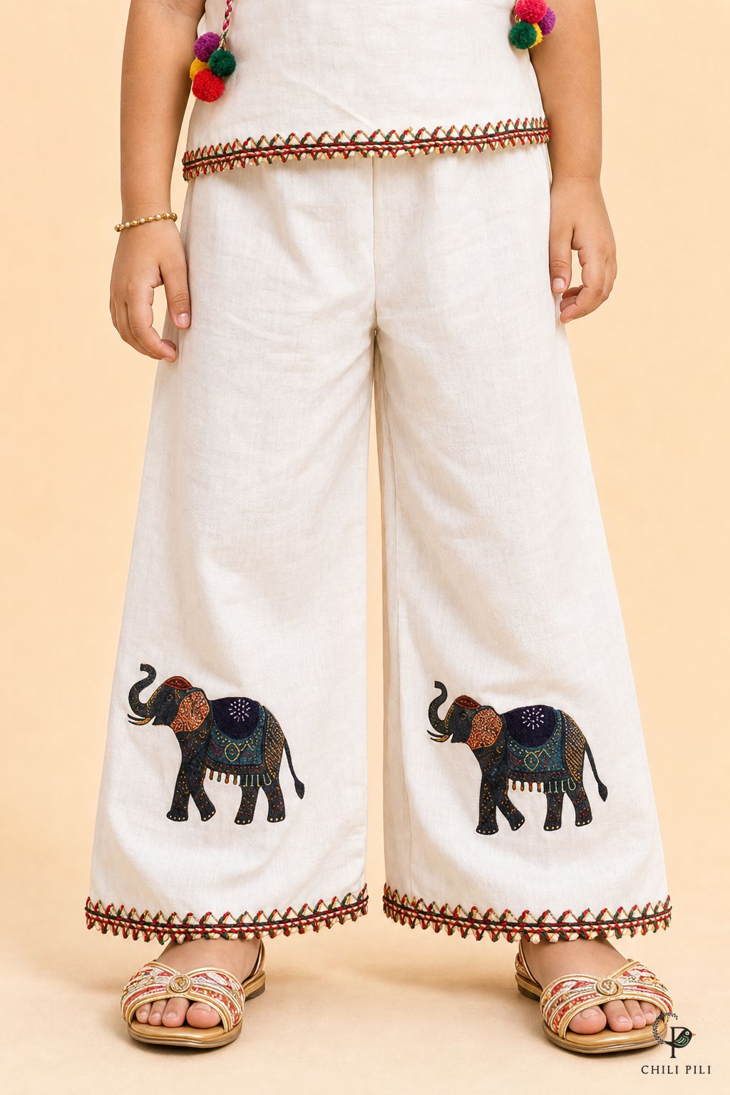 Girls Little Gaj Elephant Cotton Co-ord Set Offwhite - close-up detail of bottom