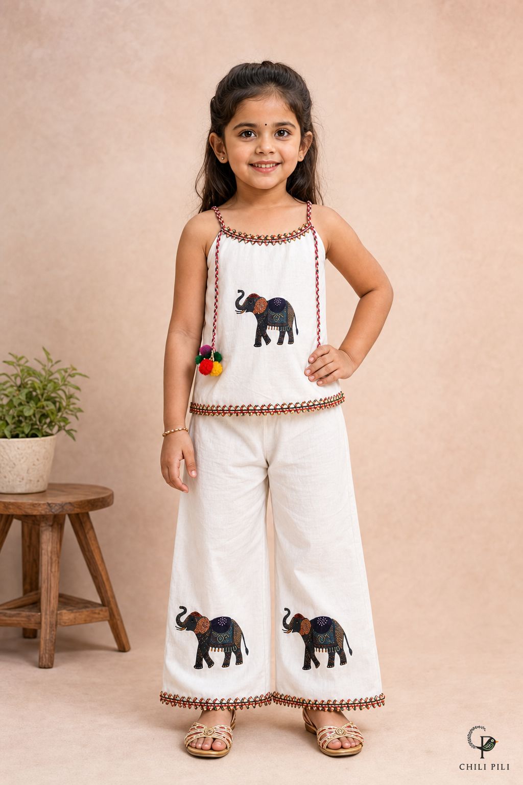 Girls Little Gaj Elephant Cotton Co-ord Set Offwhite - festive lifestyle shot