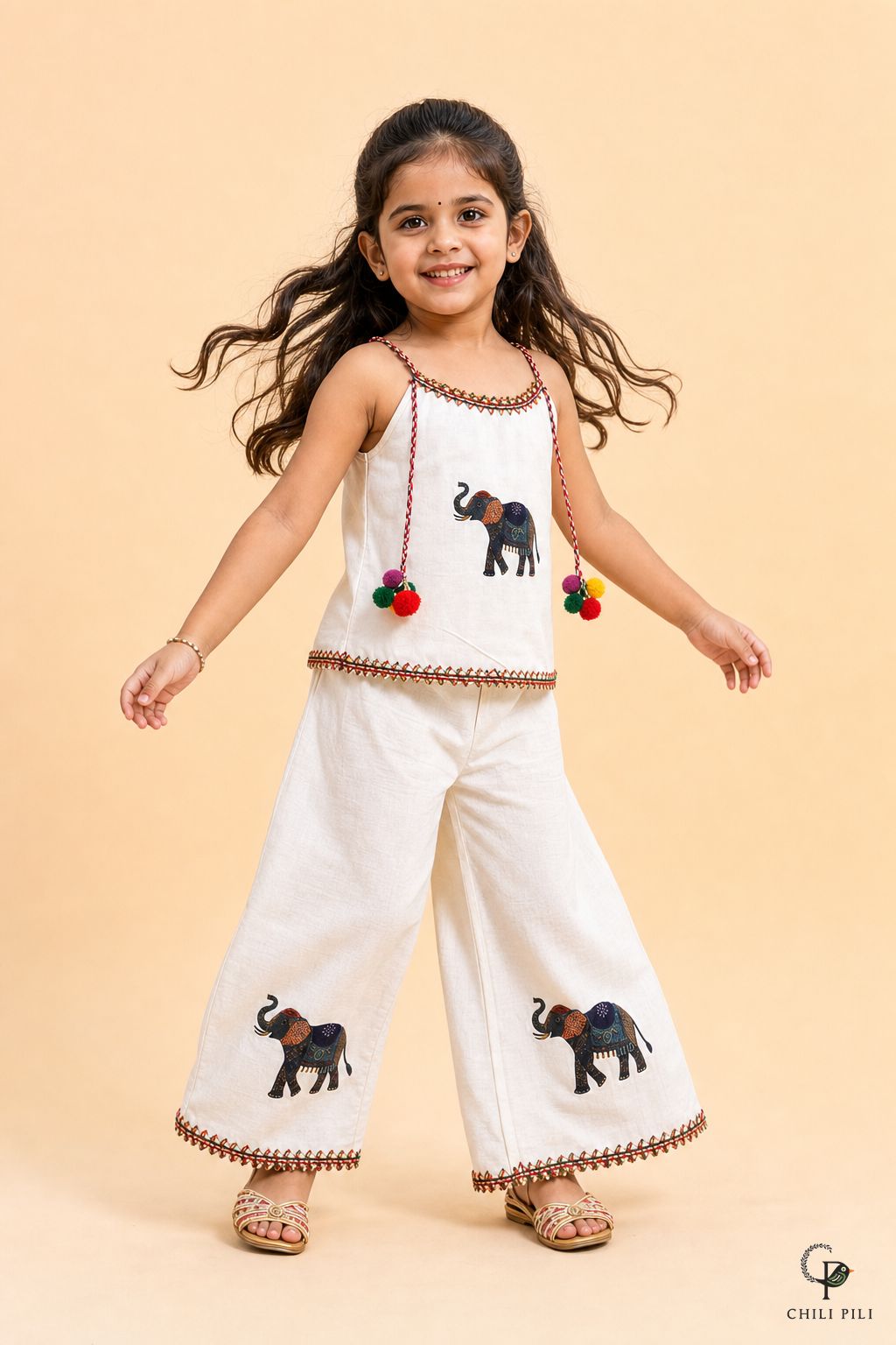 Girls Little Gaj Elephant Cotton Co-ord Set Offwhite - lifestyle movement shot