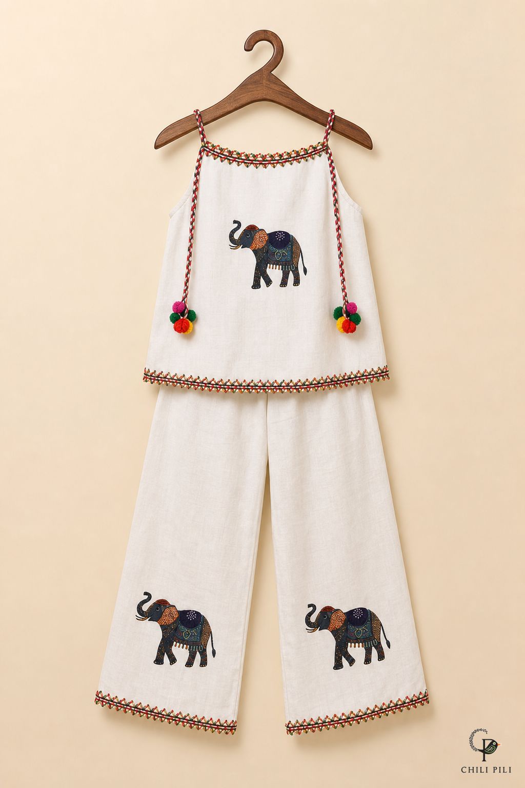 Girls Little Gaj Elephant Cotton Co-ord Set Offwhite - full set on hanger