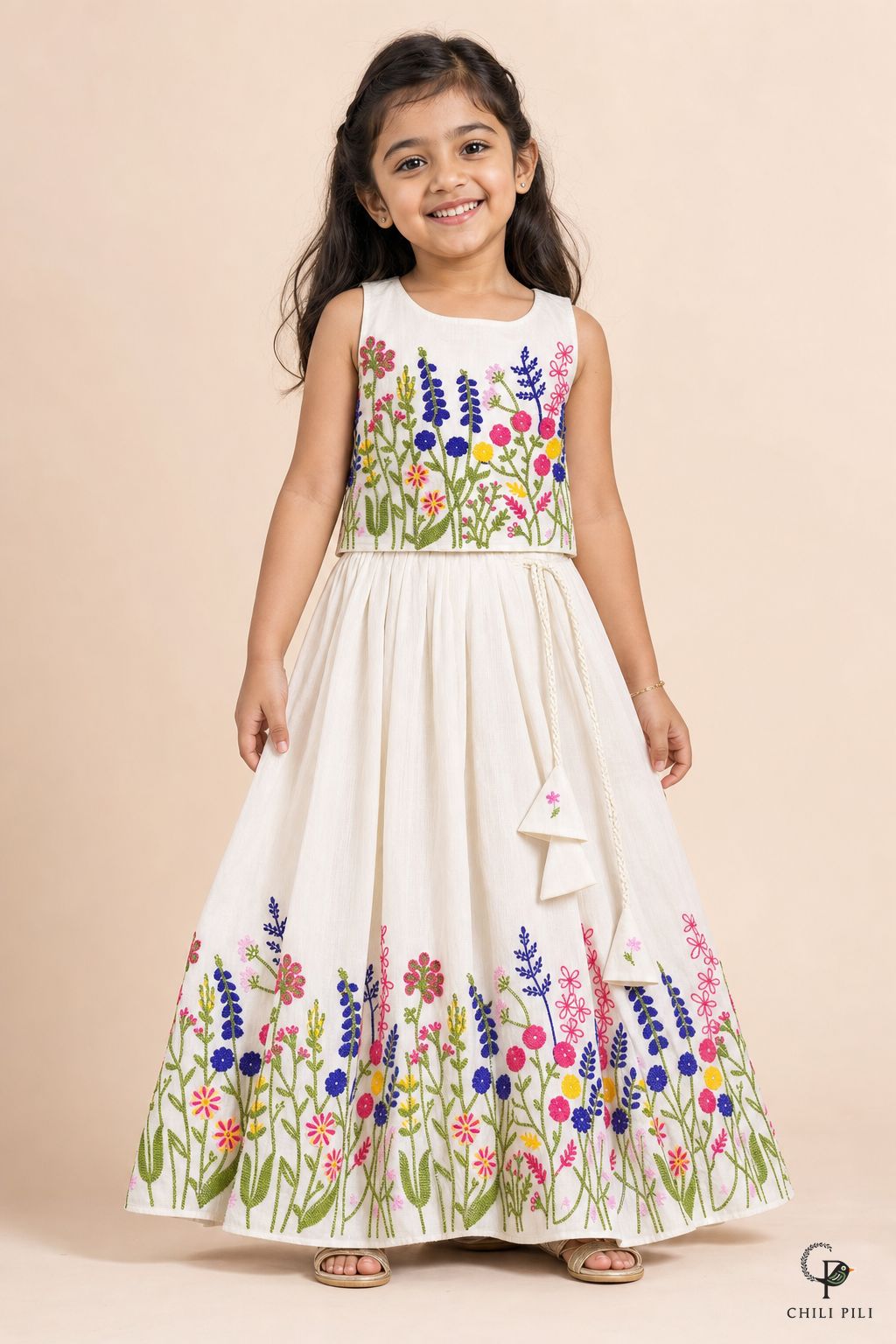 Girls Vihana Floral Embroidered Lehenga Choli Offwhite - front view