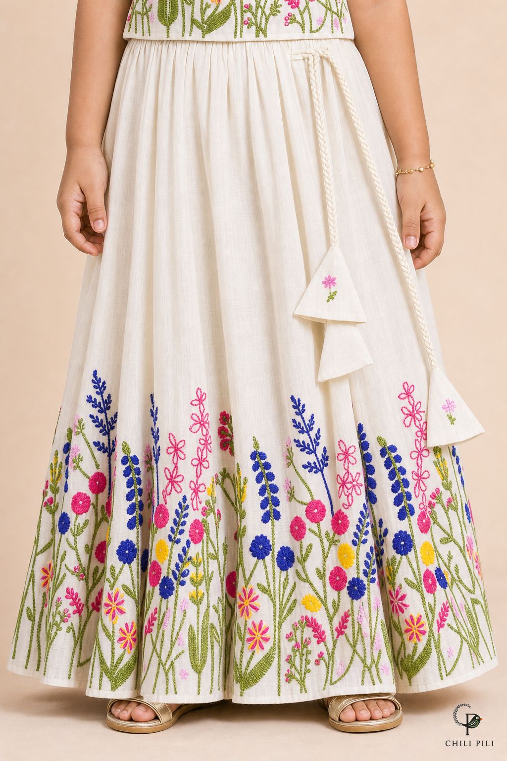 Girls Vihana Floral Embroidered Lehenga Choli Offwhite - close-up detail of bottom