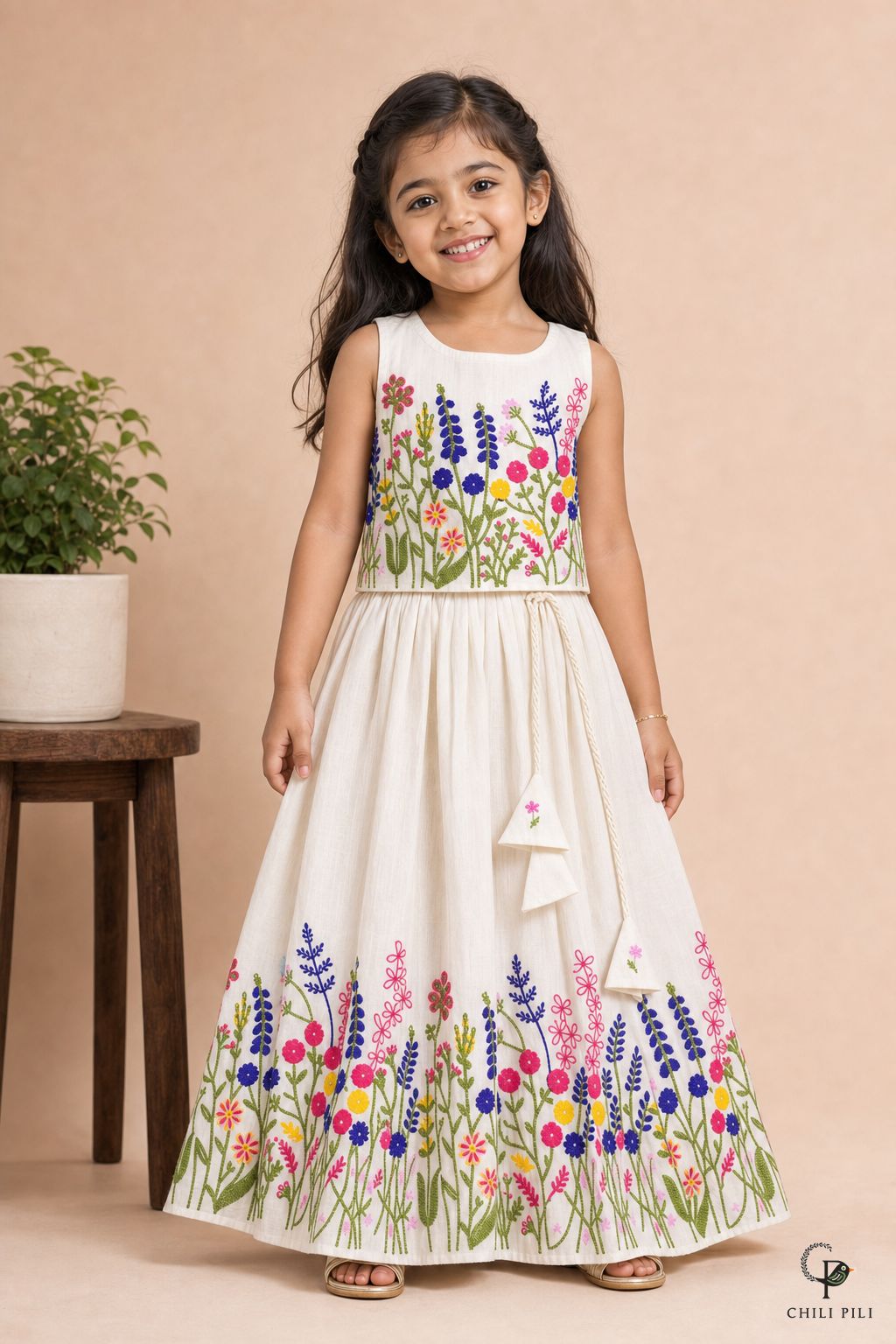 Girls Vihana Floral Embroidered Lehenga Choli Offwhite - festive lifestyle shot