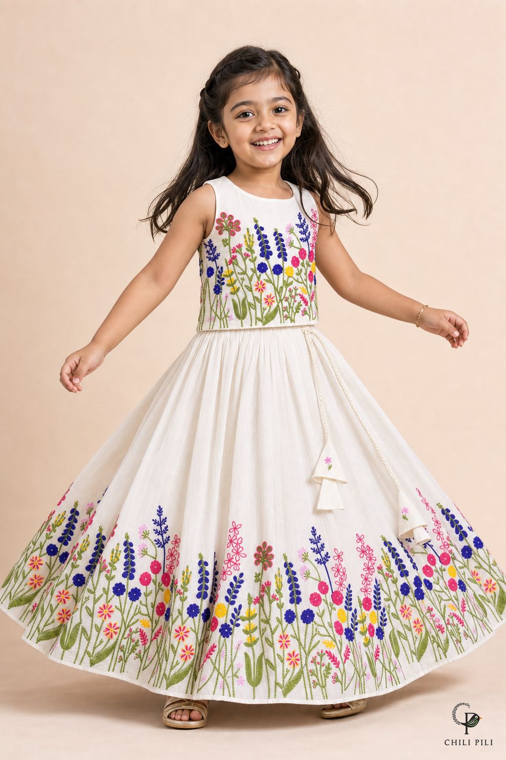 Girls Vihana Floral Embroidered Lehenga Choli Offwhite - lifestyle movement shot