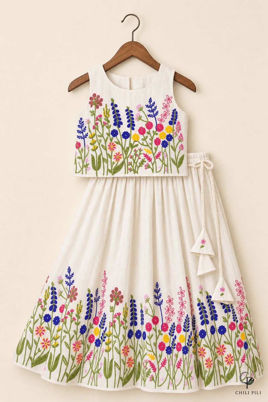 Girls Vihana Floral Embroidered Lehenga Choli Offwhite - full set on hanger
