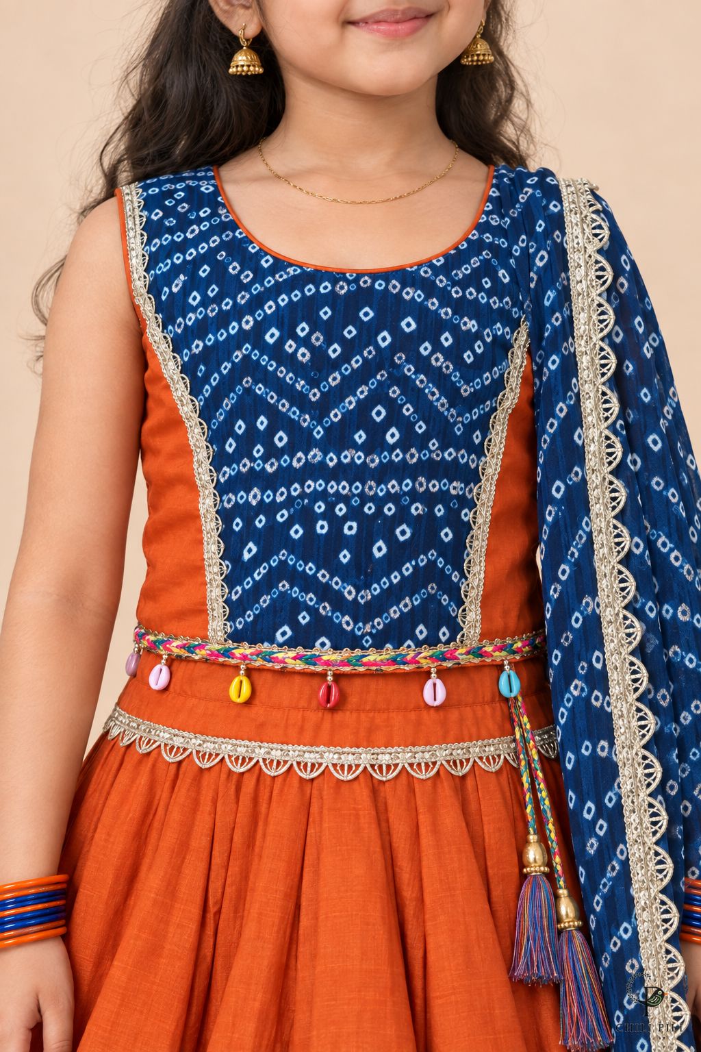 Girls Bandhani Patchwork Lehenga Choli Orange - close-up detail of top