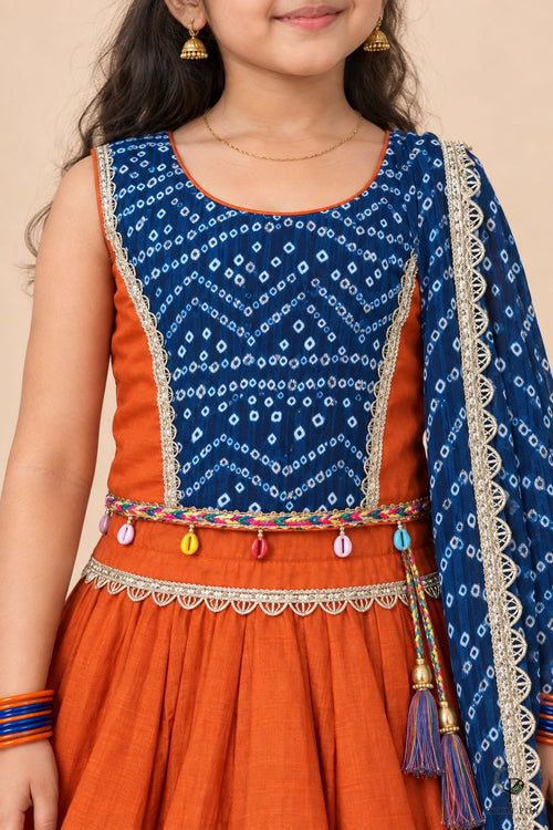 Girls Bandhani Patchwork Lehenga Choli Orange - close-up detail of top