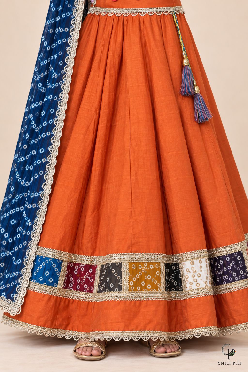 Girls Bandhani Patchwork Lehenga Choli Orange - close-up detail of skirt border