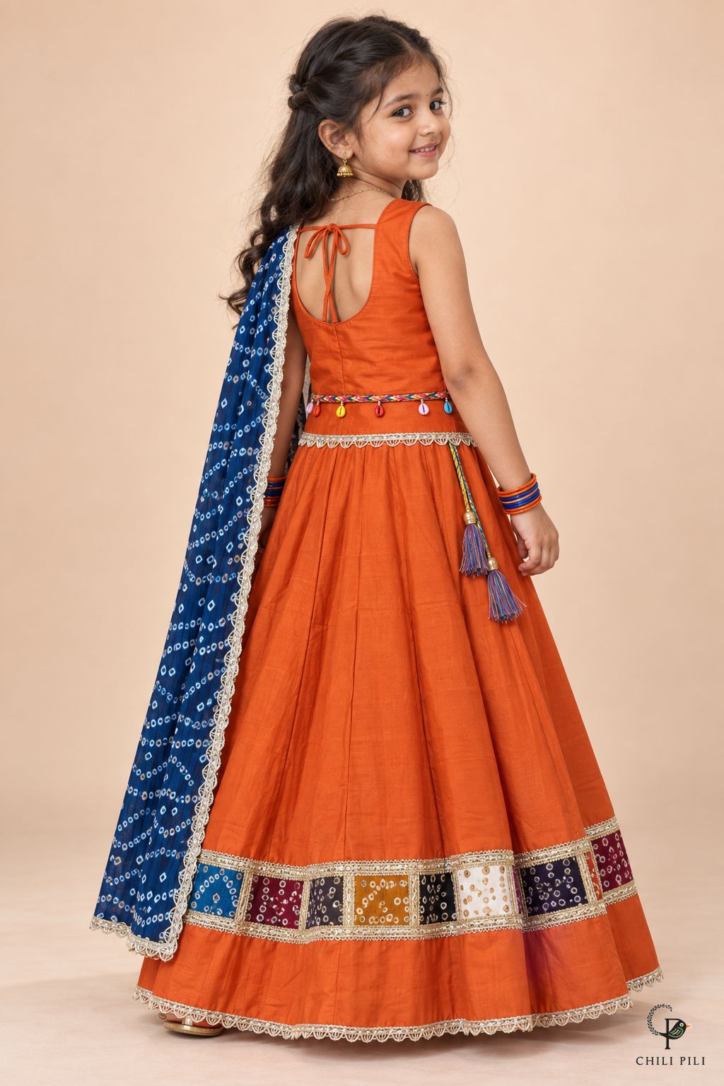 Girls Bandhani Patchwork Lehenga Choli Orange - back view