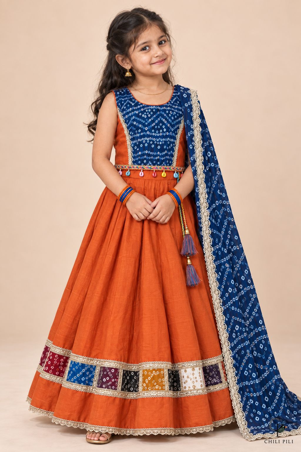 Girls Bandhani Patchwork Lehenga Choli Orange - how the dupatta is worn