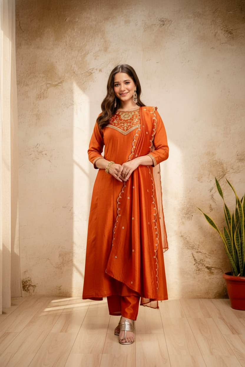Orange Embroidered Kurti Pants Set - hero shot