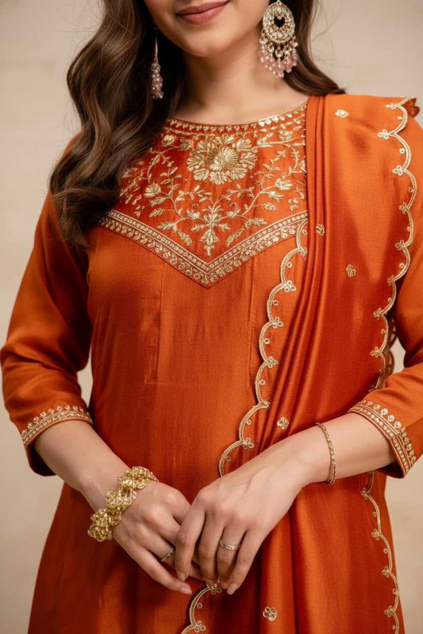 Orange Embroidered Kurti Pants Set - close-up of top and embroidery