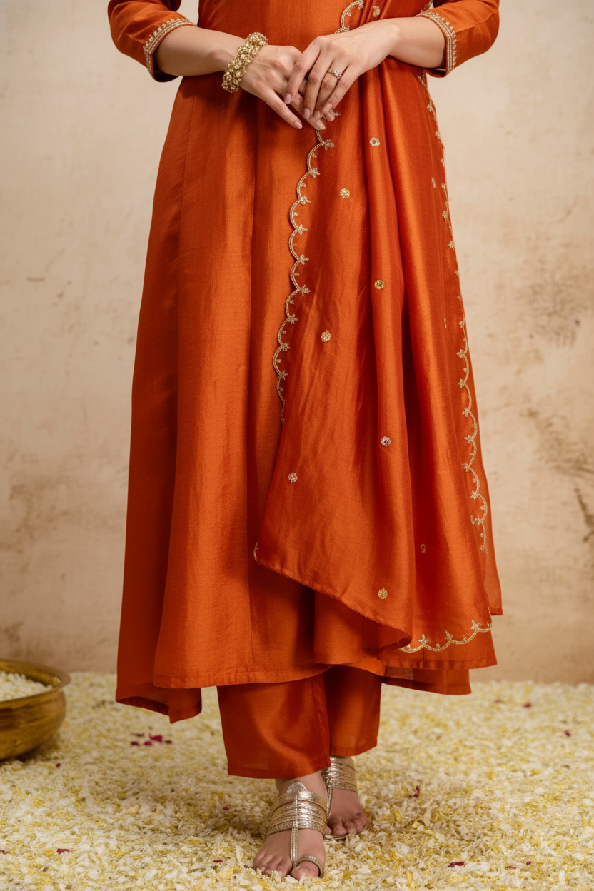 Orange Embroidered Kurti Pants Set - close-up of bottom and hem