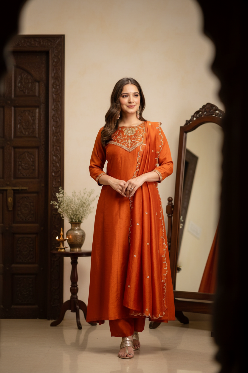 Orange Embroidered Kurti Pants Set - lifestyle festive shot