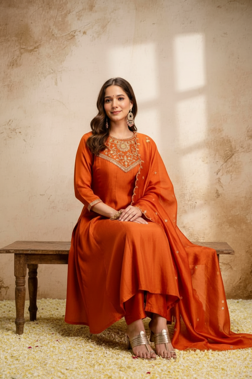 Orange Embroidered Kurti Pants Set - lifestyle seated shot