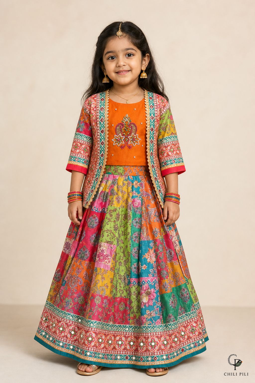 Girls Patola Print Lehenga With Mirror Jacket Orange - front view