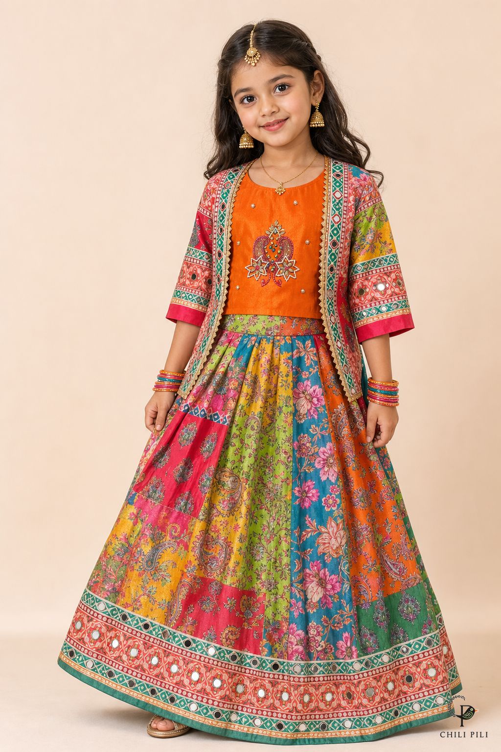 Girls Patola Print Lehenga With Mirror Jacket Orange - close-up detail of top
