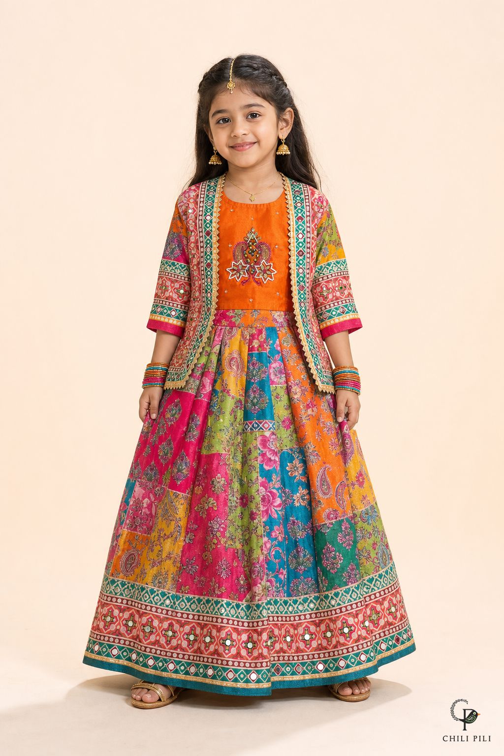 Girls Patola Print Lehenga With Mirror Jacket Orange - close-up detail of bottom