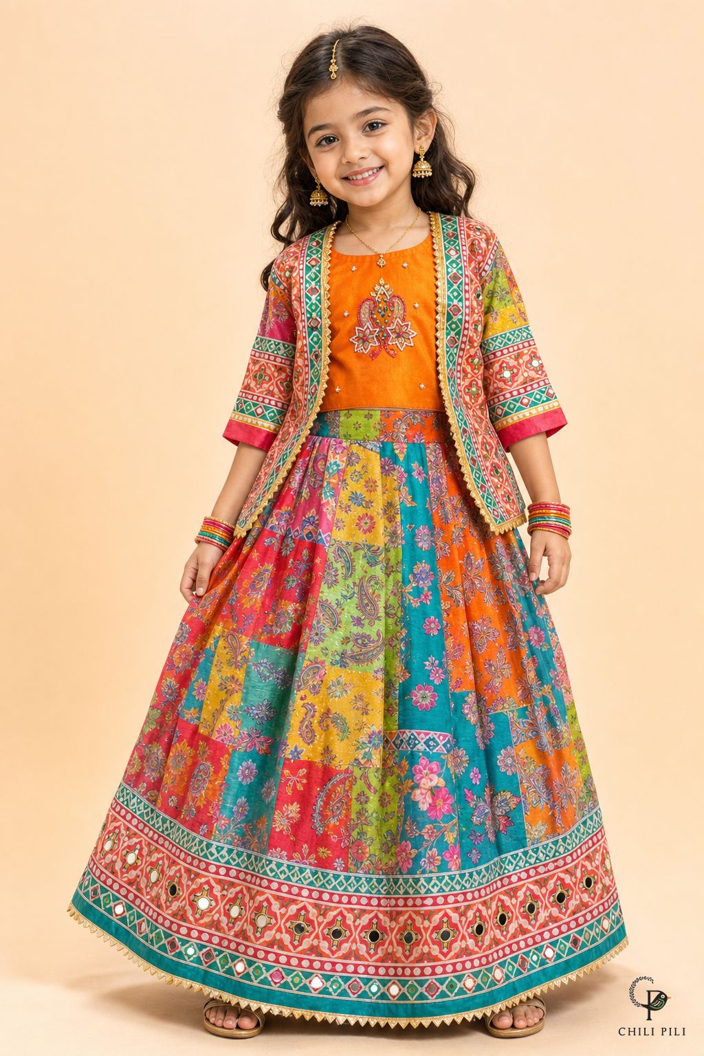 Girls Patola Print Lehenga With Mirror Jacket Orange - lifestyle movement shot