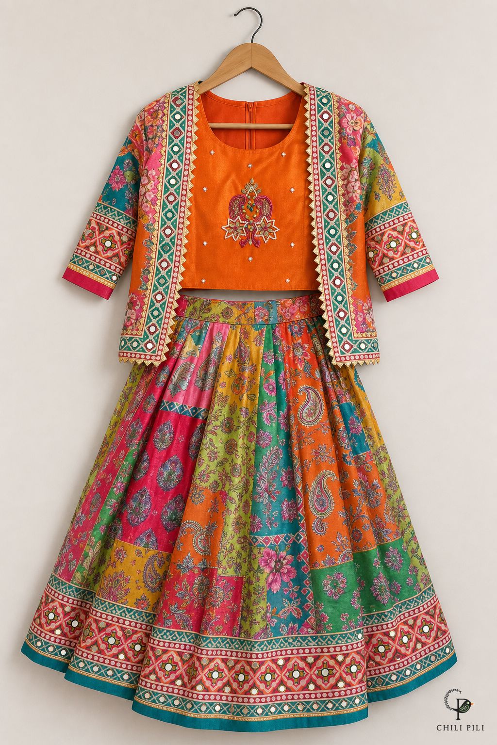 Girls Patola Print Lehenga With Mirror Jacket Orange - full set on hanger