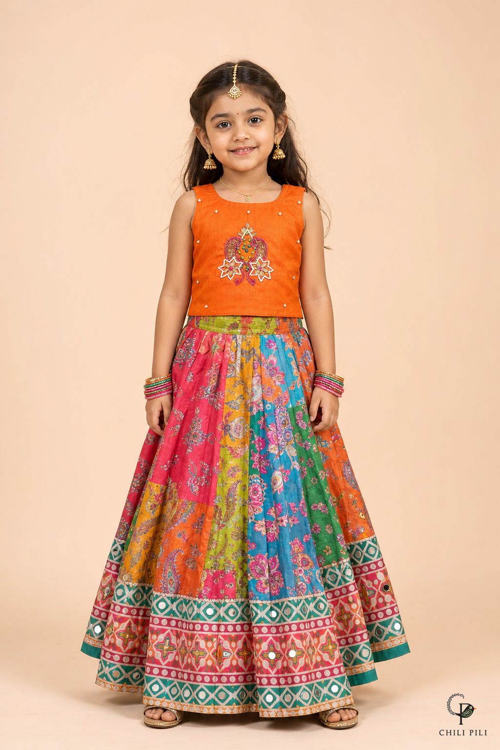 Girls Patola Print Lehenga With Mirror Jacket Orange - worn without the jacket