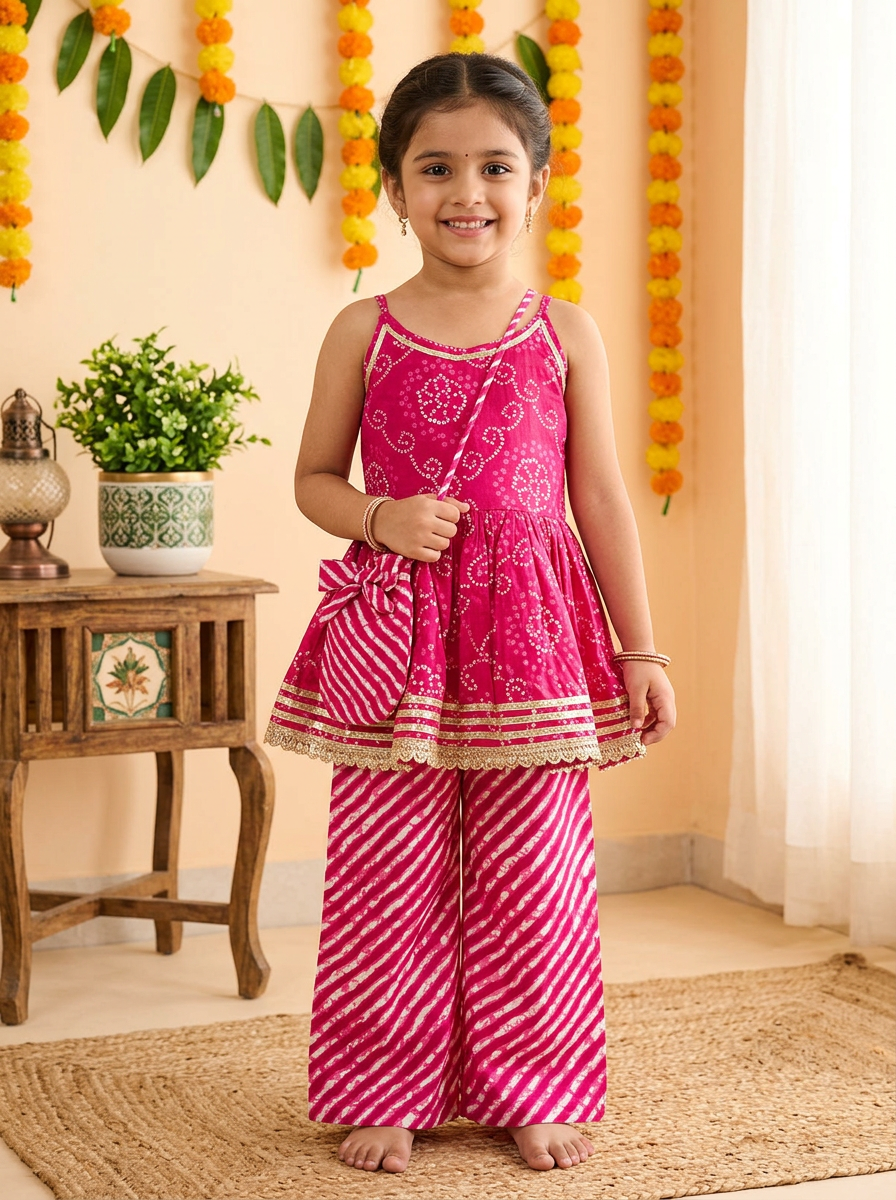 Girls Bandhani Printed Kurta Palazzo Set Pink - front view