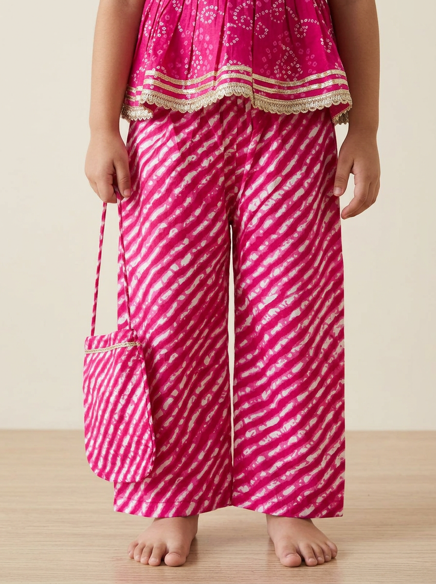 Girls Bandhani Printed Kurta Palazzo Set Pink - close-up detail of leheriya palazzo
