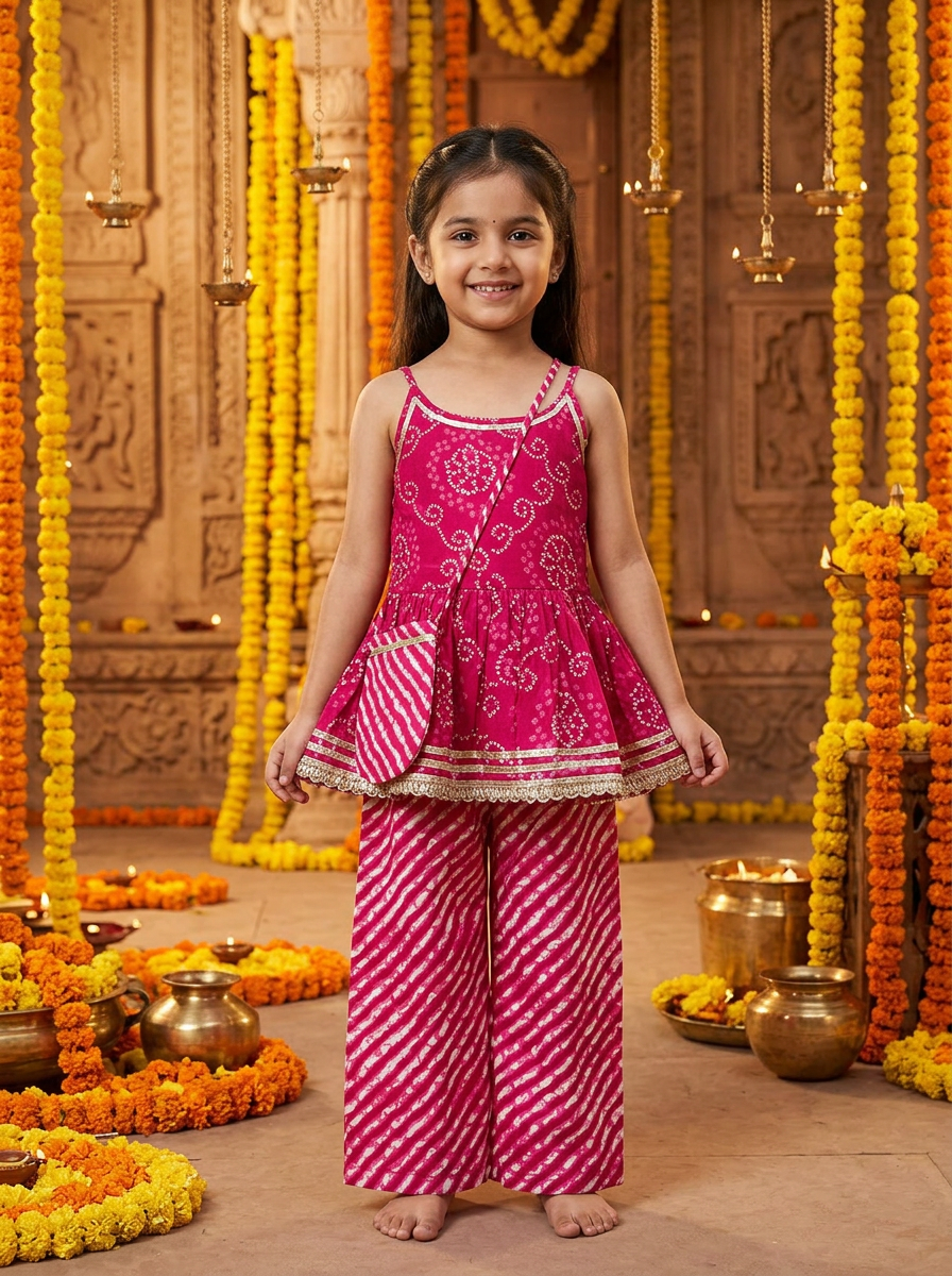 Girls Bandhani Printed Kurta Palazzo Set Pink - festive lifestyle shot