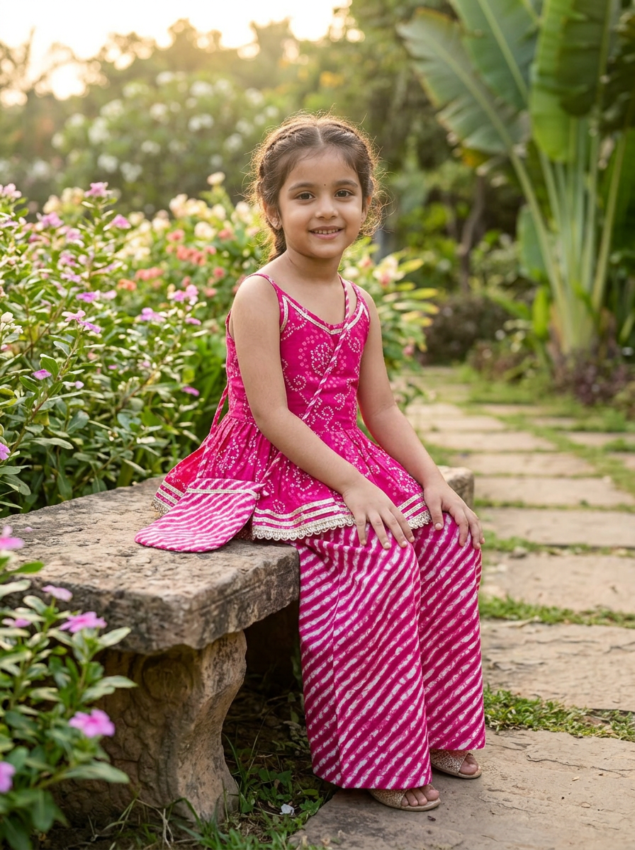 Girls Bandhani Printed Kurta Palazzo Set Pink - lifestyle outdoor shot