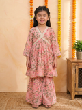 Girls Floral Printed Angrakha Sharara Set Pink - front view
