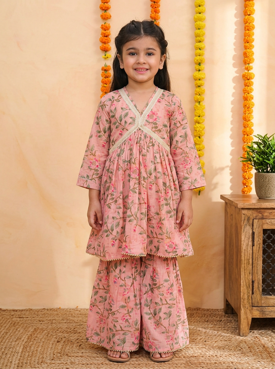 Girls Floral Printed Angrakha Sharara Set Pink - front view
