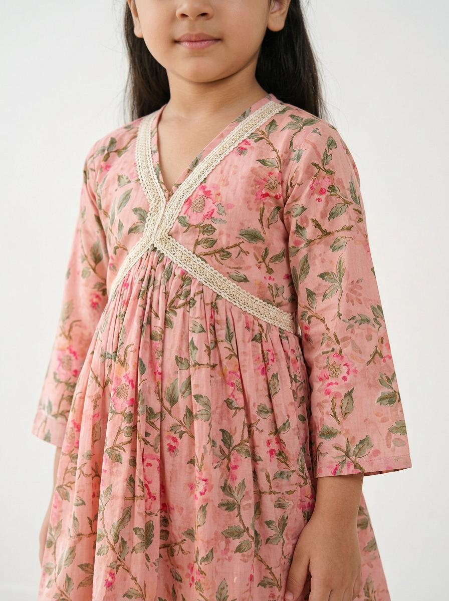 Girls Floral Printed Angrakha Sharara Set Pink - close-up detail of angrakha top