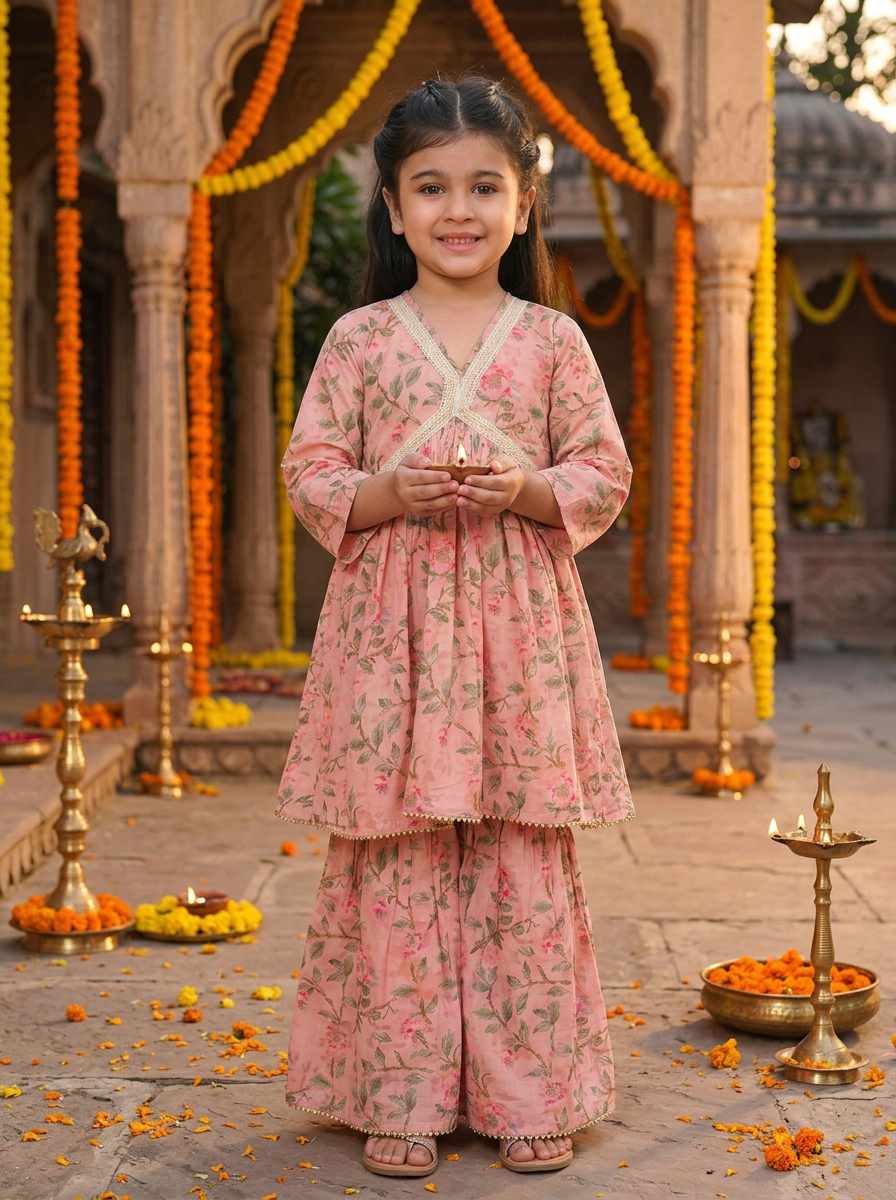 Girls Floral Printed Angrakha Sharara Set Pink - festive lifestyle shot