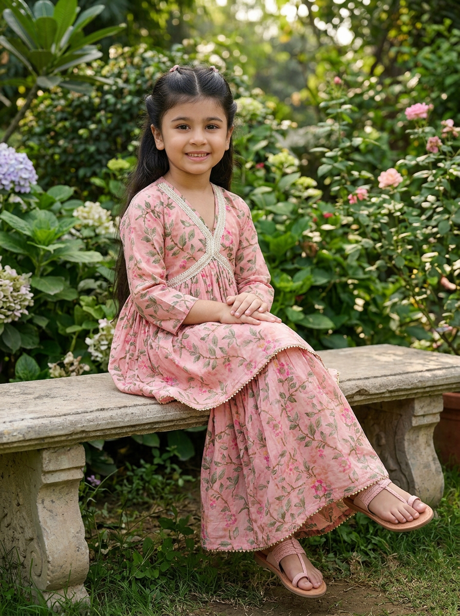 Girls Floral Printed Angrakha Sharara Set Pink - lifestyle outdoor shot