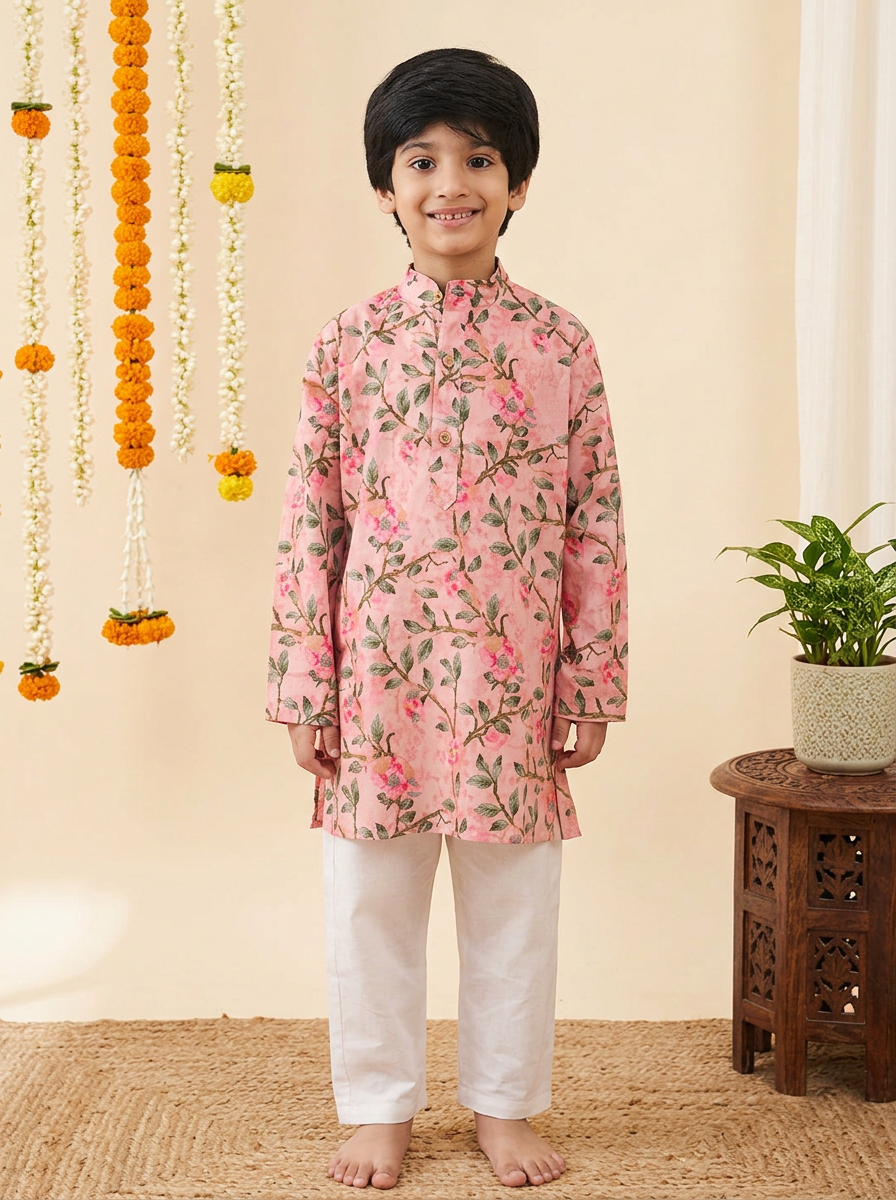 Boys Floral Printed Kurta Pajama Set Pink - front view