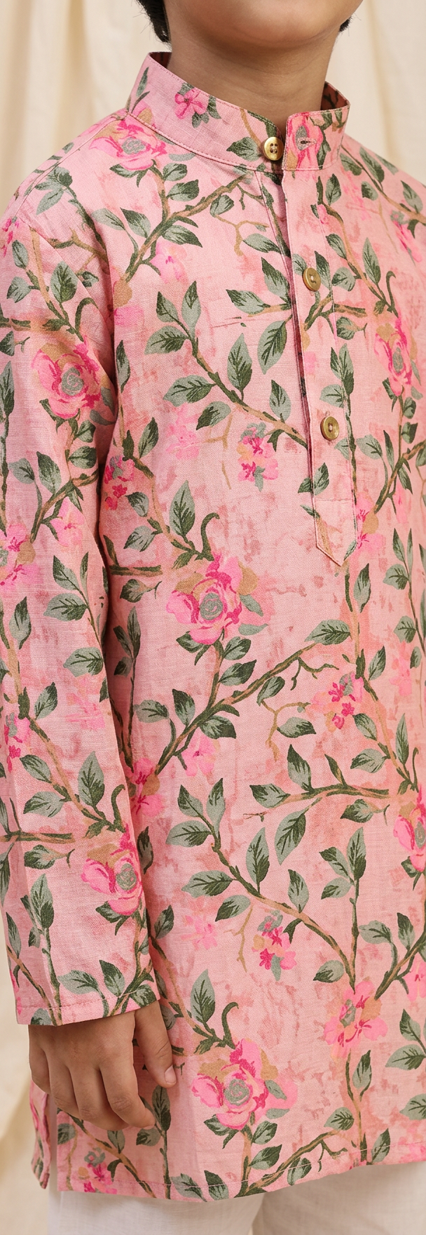 Boys Floral Printed Kurta Pajama Set Pink - close-up detail of kurta