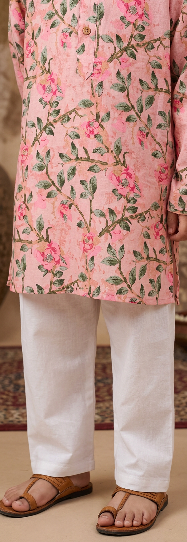 Boys Floral Printed Kurta Pajama Set Pink - close-up detail of pajama