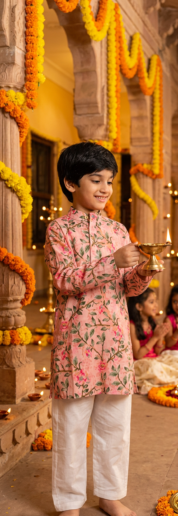 Boys Floral Printed Kurta Pajama Set Pink - festive lifestyle shot