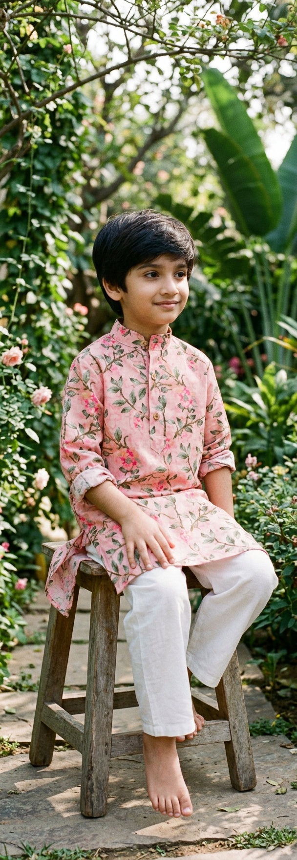 Boys Floral Printed Kurta Pajama Set Pink - lifestyle outdoor shot