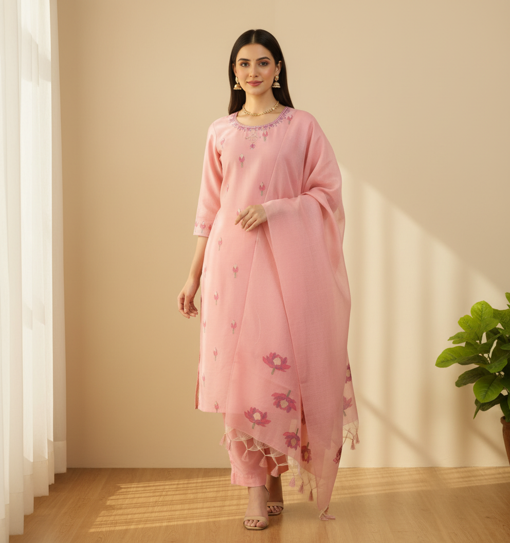 Pink Floral Motif Kurti Set - hero shot