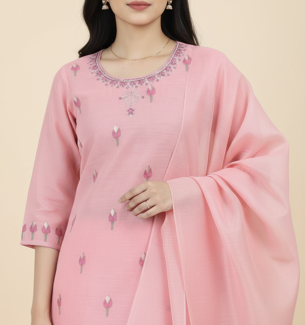 Pink Floral Motif Kurti Set - close-up of top and embroidery