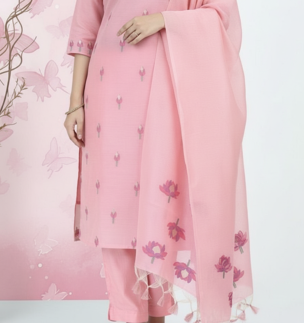 Pink Floral Motif Kurti Set - close-up of bottom and hem
