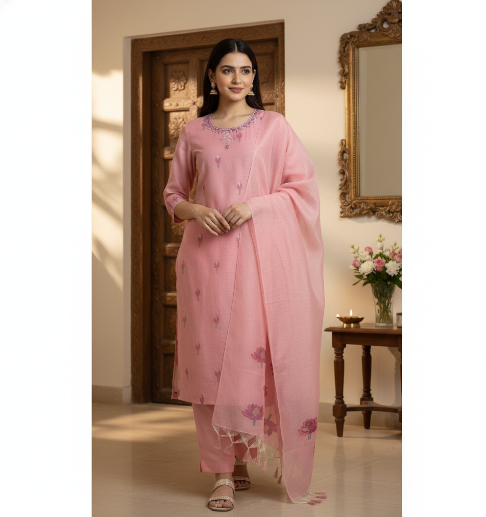 Pink Floral Motif Kurti Set - lifestyle festive shot