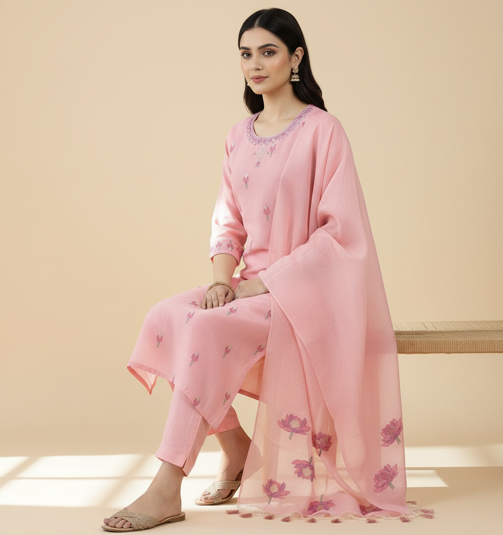 Pink Floral Motif Kurti Set - lifestyle seated shot