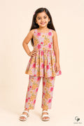 Girls Floral Printed Peplum Co-ord Set Pink - front view
